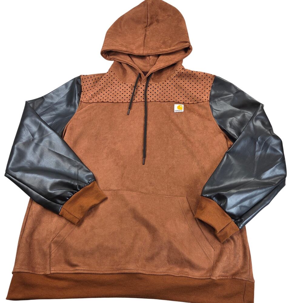 Custom Faux Suede Hoodie 2XL Brown Black Contrast Sleeves Pullover